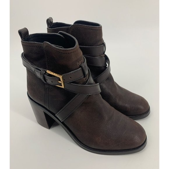 Tory Burch Brown Leather Ankle Boots with Wrap Around Strap and Buckle Size 9M - Picture 1 of 7